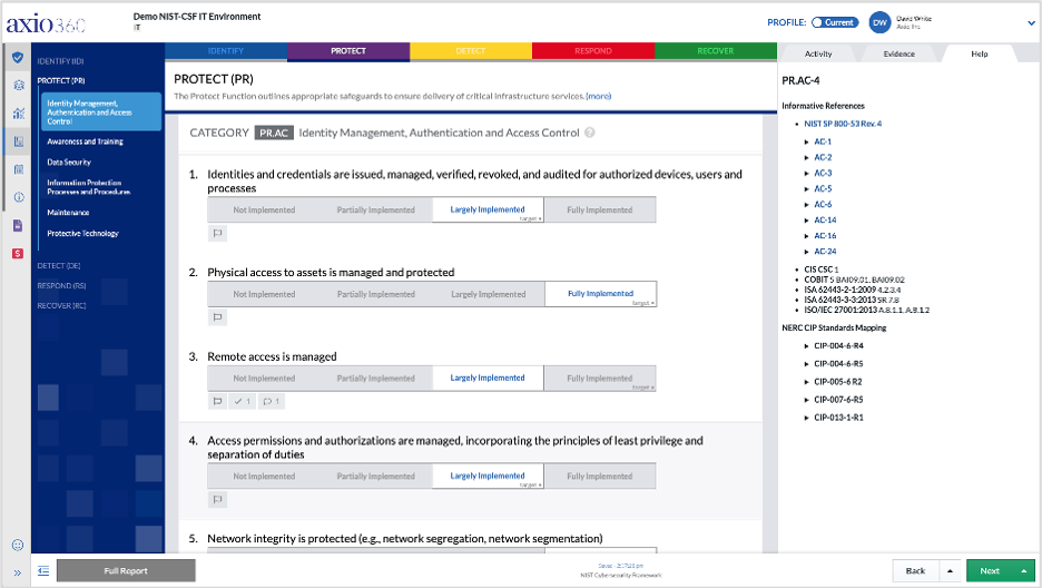 Axio360 NIST CSF Assessment and Target Profile Interface